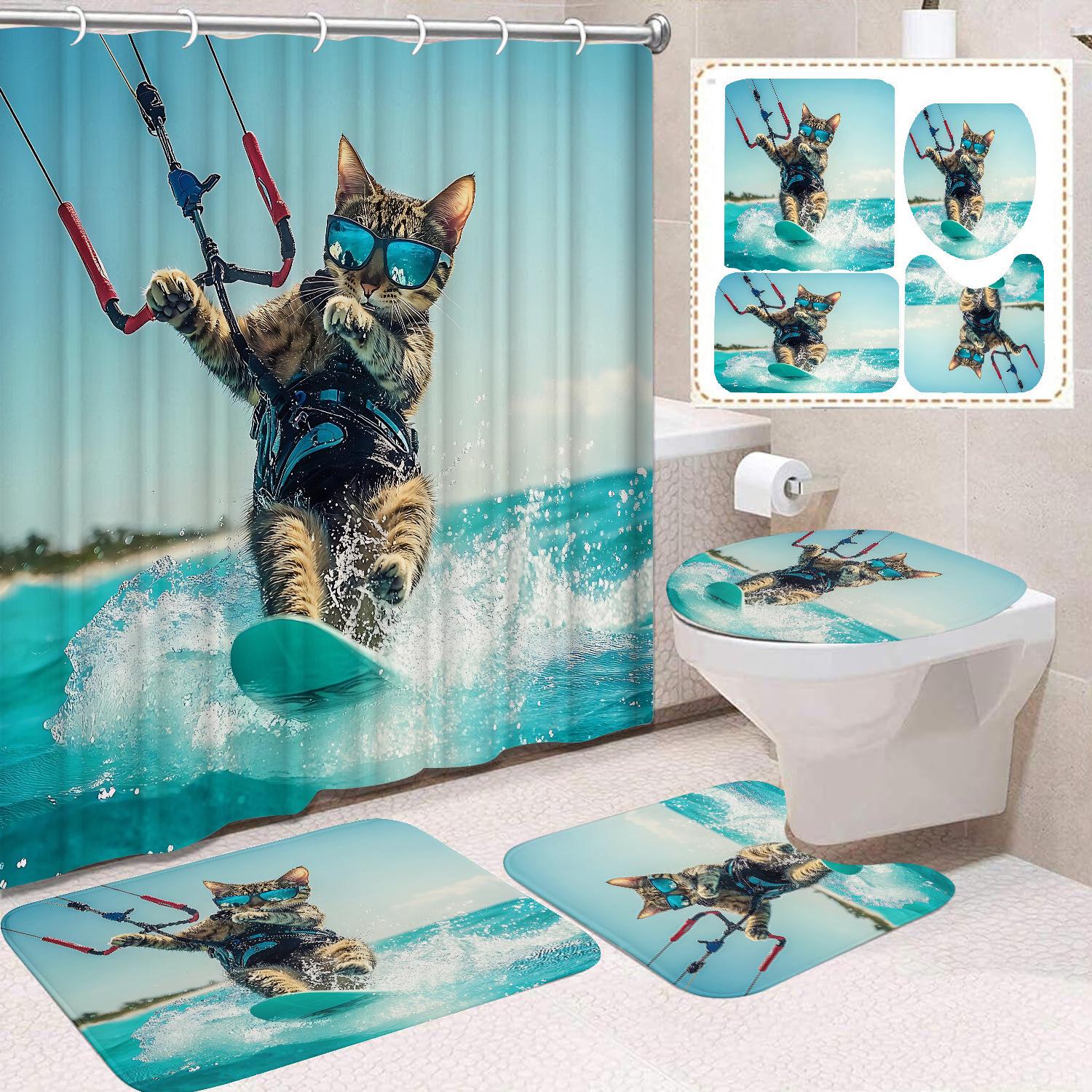 

4Pcs Funny Animal Surfing Shower Curtain Set Cat Dog Rabbit Riding Shark Waterproof Bath Curtain 12 Hooks Non Slip Rugs Toilet Lid Cover Set 4Pcs Set