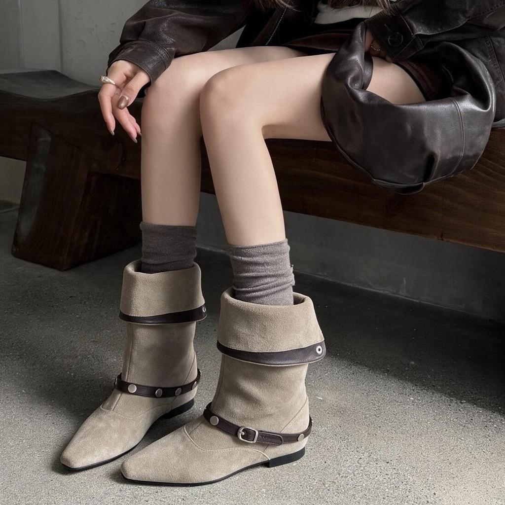 Soft leather version~ autumn and winter new round head belt buckle fashion temperament sleeve short boots women's slope heel stacking boots