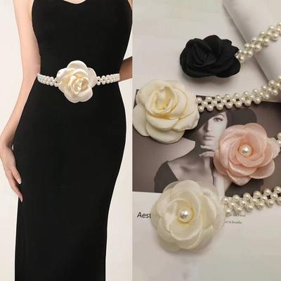Elegant Pearl Waist Belt Flower Elastic Belt New Elastic Waistband  for Women