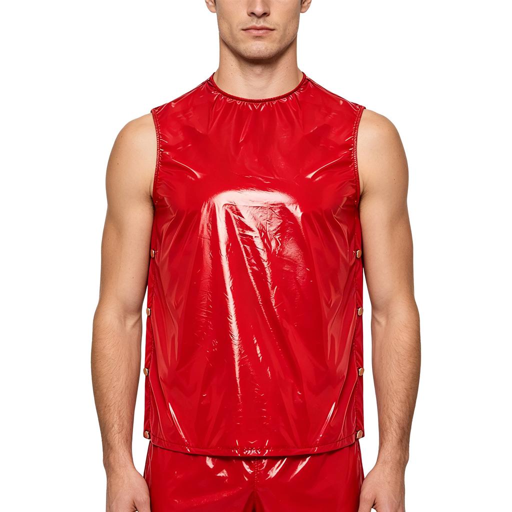 S-3XL Men Vinyl Waterproof Reusable Tank Top Round Neck Sleeveless Press Buttons At Shoulder and Sides for Gymnastics Workout Exercise