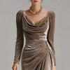 European and American women's clothing, casual velvet sexy new long-sleeved, thin pleated long split hip-wrapped dress