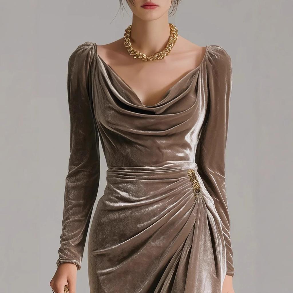 European and American women's clothing, casual velvet sexy new long-sleeved, thin pleated long split hip-wrapped dress