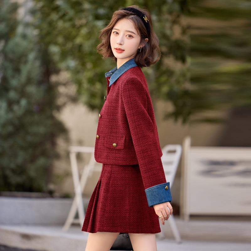 

Контрастный костюм женский весенне-осенний новый пиджак маленькая плиссированная юбка костюм-двойка модный XXL бордовый