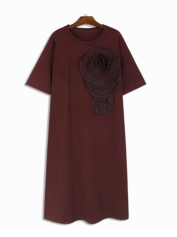 XITAO Three-dimensional Floral Decoration Dress Solid Color Side Split Casual Women ZY8688