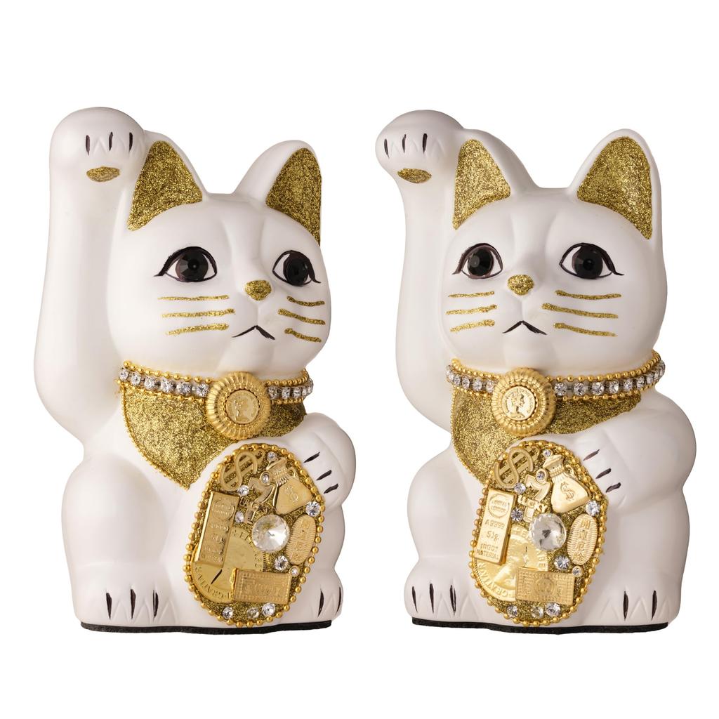 Lucky Cat Millionaire Cat Right Paw Raised Ceramic Lucky Cat Auspicious Feng Shui Ornament (M-SIZE White) / _ Maneki-neko (ml_M White)