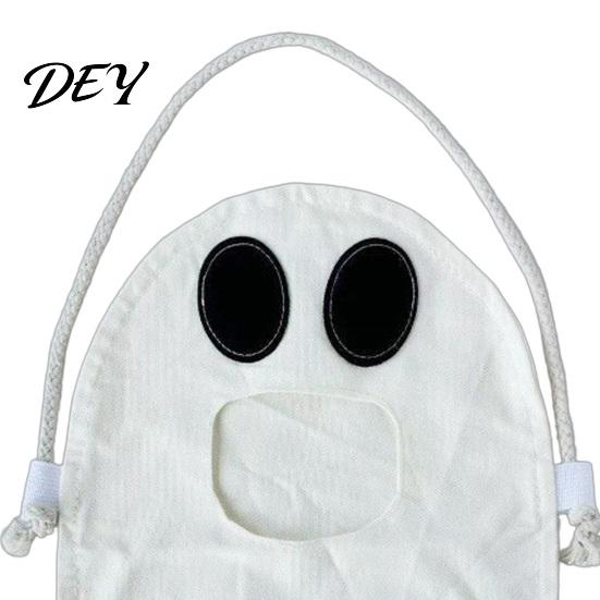 Halloween Party Favor Sack Ghost Candy Bag for Kids, Cute Fabric Treat or Trick Bucket Tote with Handle, Spooky Snack Goodie Bags Supplies Storage
