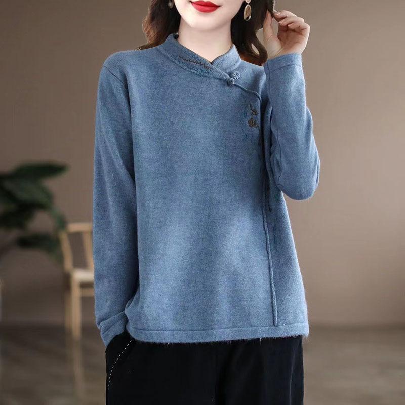 Frauen Vintage Chinesischen Ethnischen Stil Stickerei Elegante Dicke T Shirt Herbst Winter Mode Stehen Kragen Langarm Pullover Tops