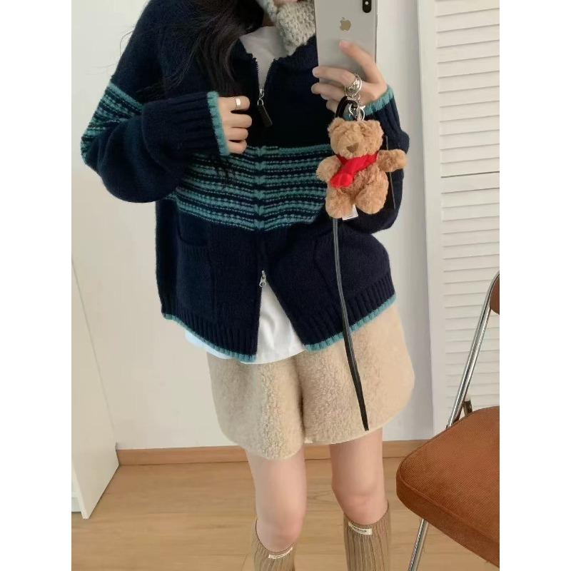 Contrasting Color Striped Lapel Sweater Jacket Women's Autumn and Winter New Lazy Style Loose Thickened Knitted Cardigan Top