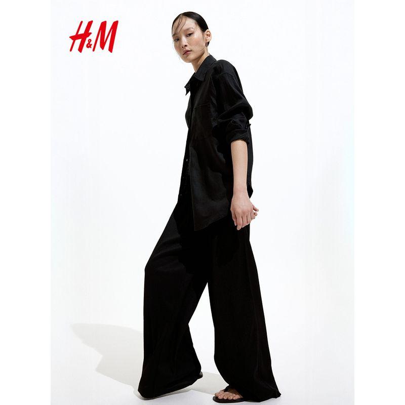 

HM Women s Clothes Casual Pants Summer Thin High Waist Pants Elastic Waist Loose Straight-leg Loose Pants 1216645 Black 155/64(XS)