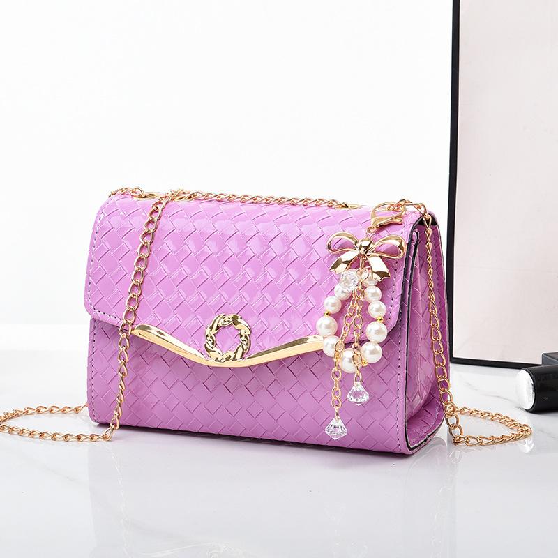 New Women s Small Square Bag,Fashion Chain Woven Glossy Leather Shoulder & Crossbody Bag фиолетовый