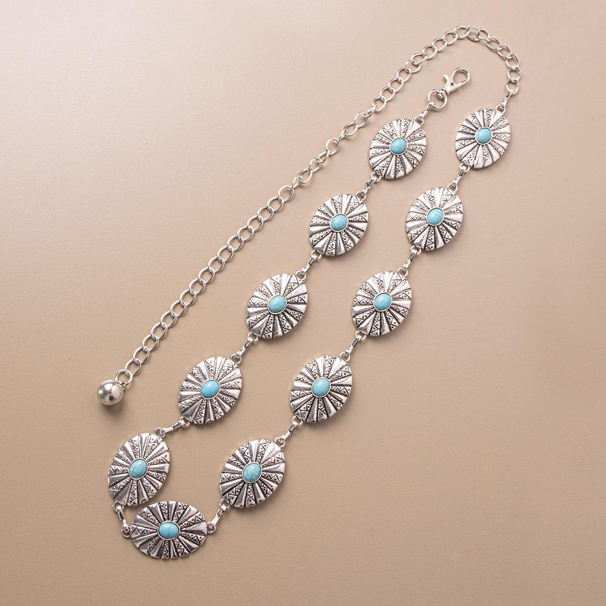 

Новый Западный Большой Бирюзовый Ретро Богемный Стиль Металлическая Поясная Цепь Женский Пояс