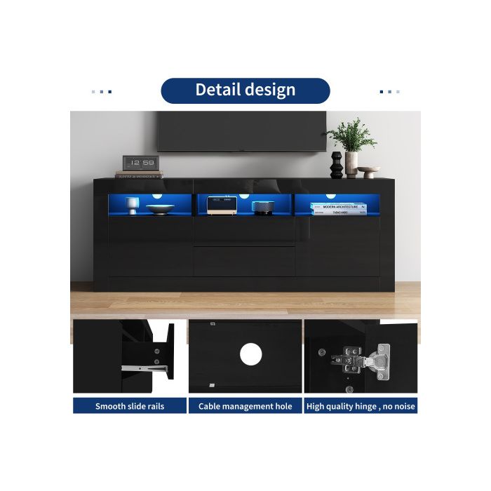 TV Stand - MUVOE - 160x35x60cm - Glossy - LED Lighting - 3 Open Compartments
