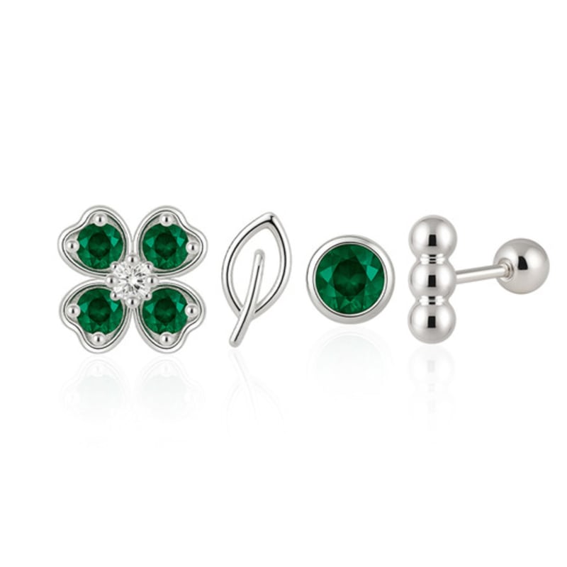 

JEWNEL [4p set] Silver 925 Green Four-Leaf Clover Cubic Leaf Piercing Set Silver