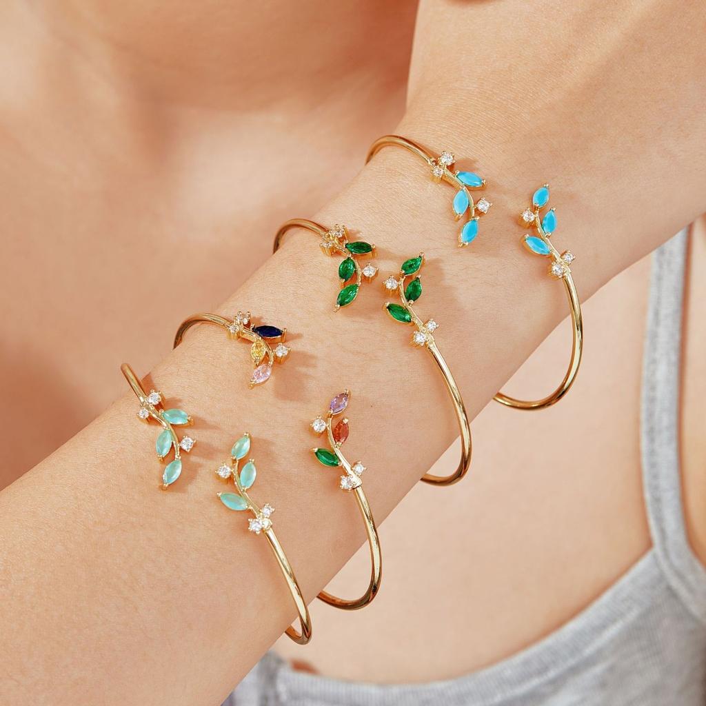 Zircon Leaf Cuff Gold Color Bangle Exquisite Stainless Steel Adjustable Thin Bracelet for Women Simple Elegant Party Jewelry