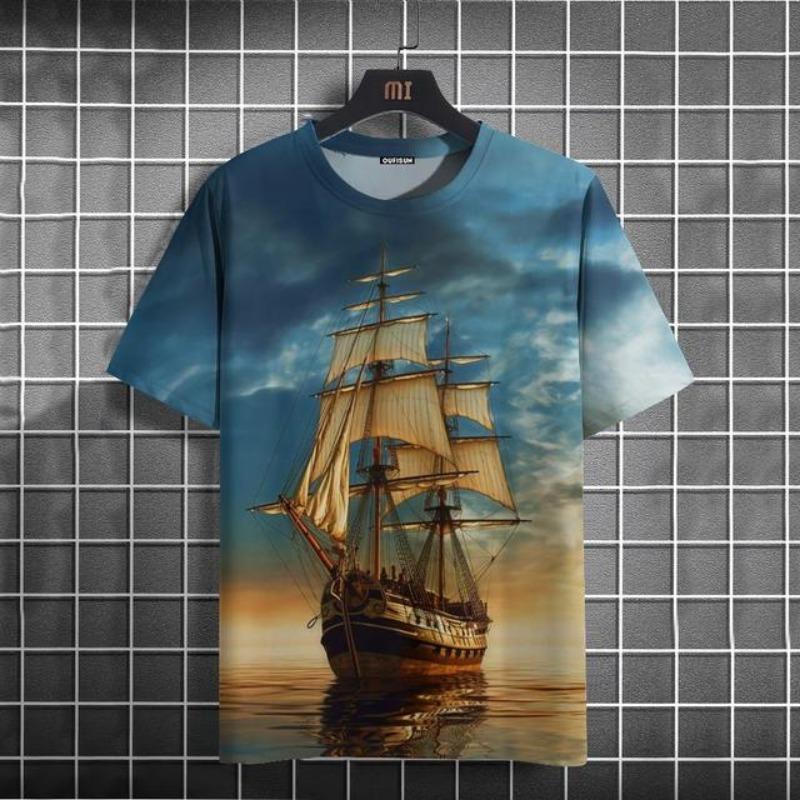 Vintage T-Shirt For Men Sailboat Outdoor Athleisure Couples 3D Printed T-shirts Short Sleeve Tees Oversized Clothing Tops Summer