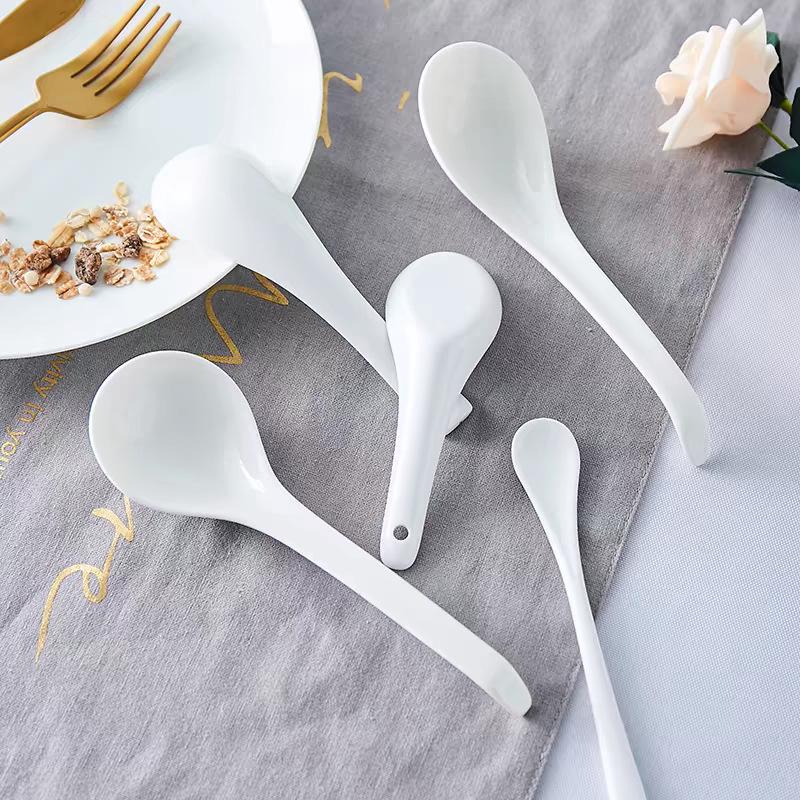 White Ceramic Long-Handle Ladle - Scratch-Resistant, Large Soup Spoon for Commercial and Household Use