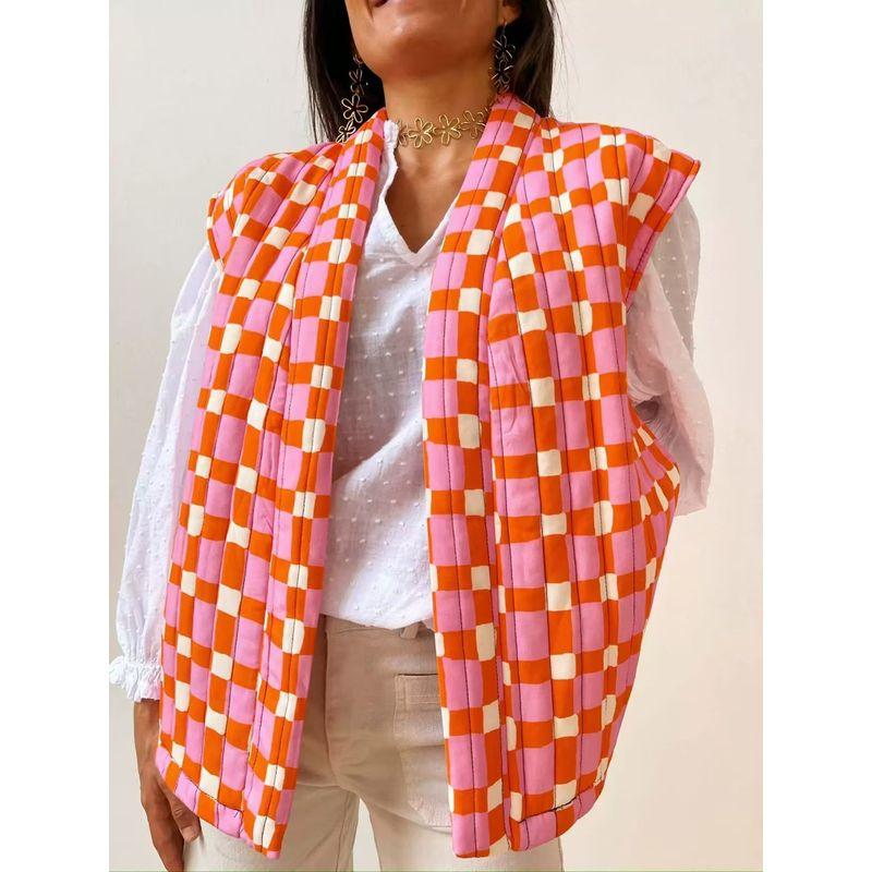 

New Retro All-Match Print Cotton Vest Vest Fashion Color Blocked Cotton Vest Orange S
