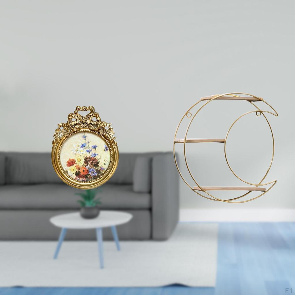 Vintage Ornate Round Photo Frame with European Metal Wall Hanging Shelf Multifunctional Display for