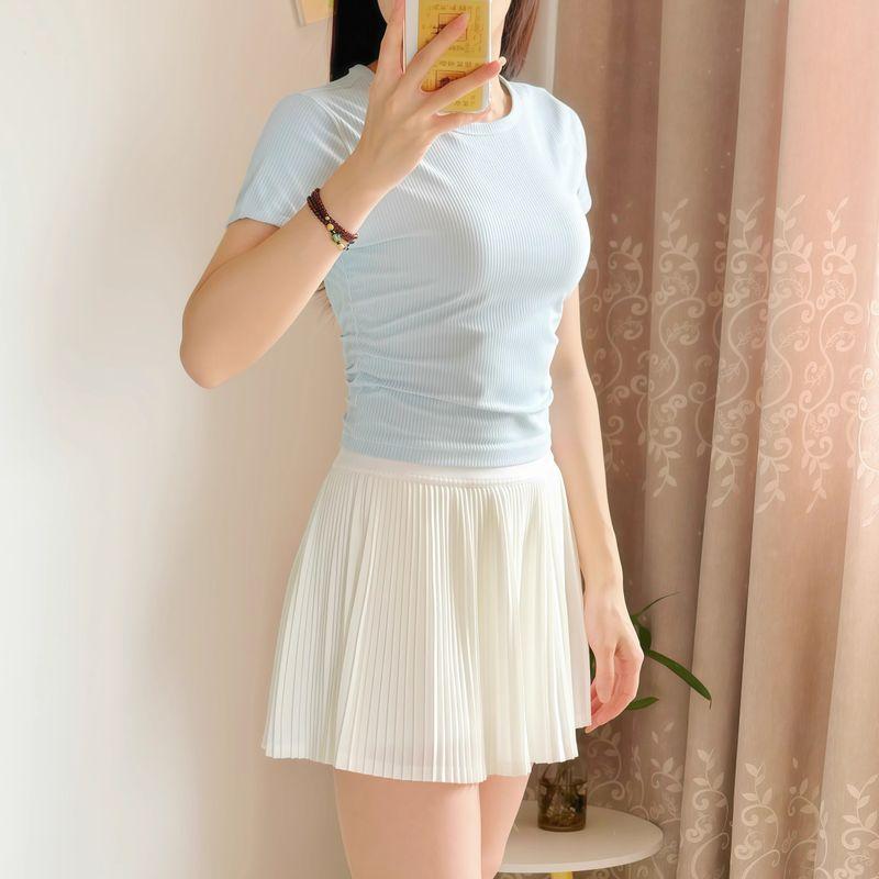 

Summer Quick-Drying Running Suit Waist-Tight Yoga Short Sleeve Women s Lightweight Rib High Elastic Short Tight Workout Exercise T-shirt Baby Blue S