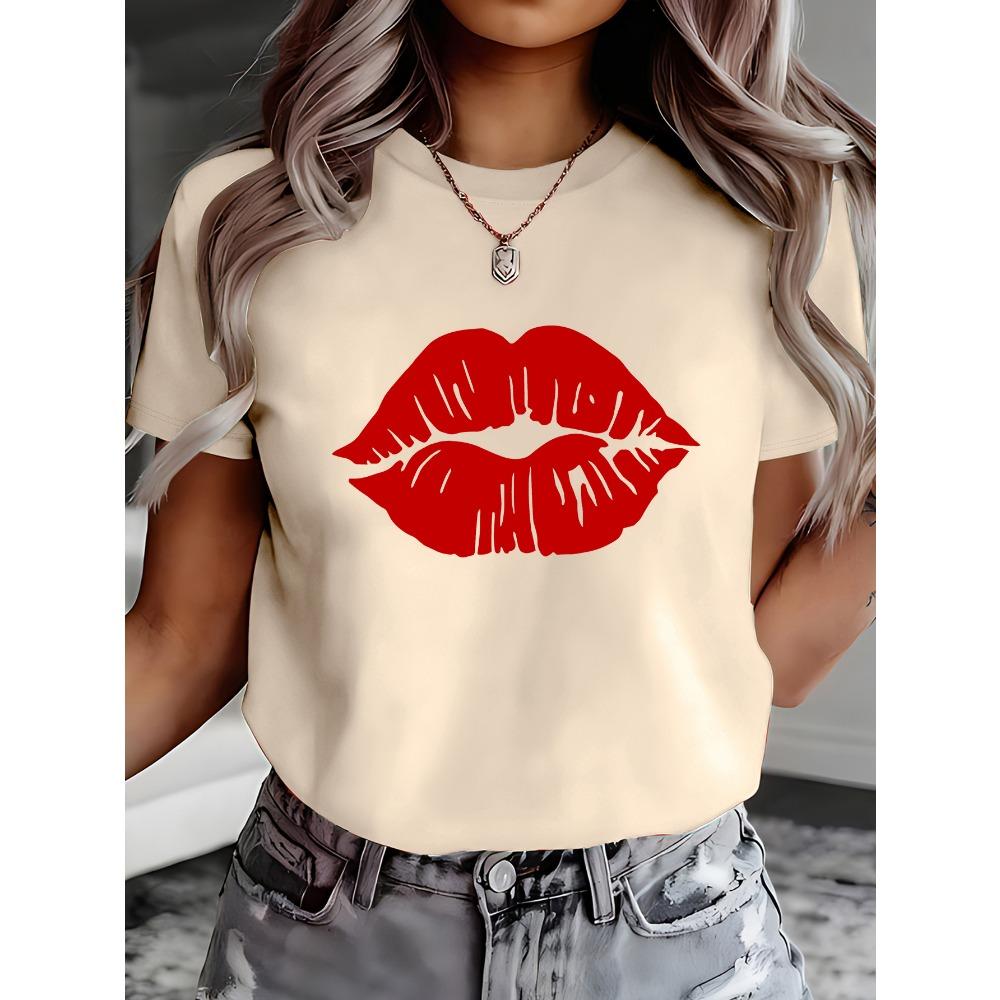 Red Lip Print Pattern Sexy Lips Design Suitable for Printed Decoration Print Short-sleeve T-shirt Womens