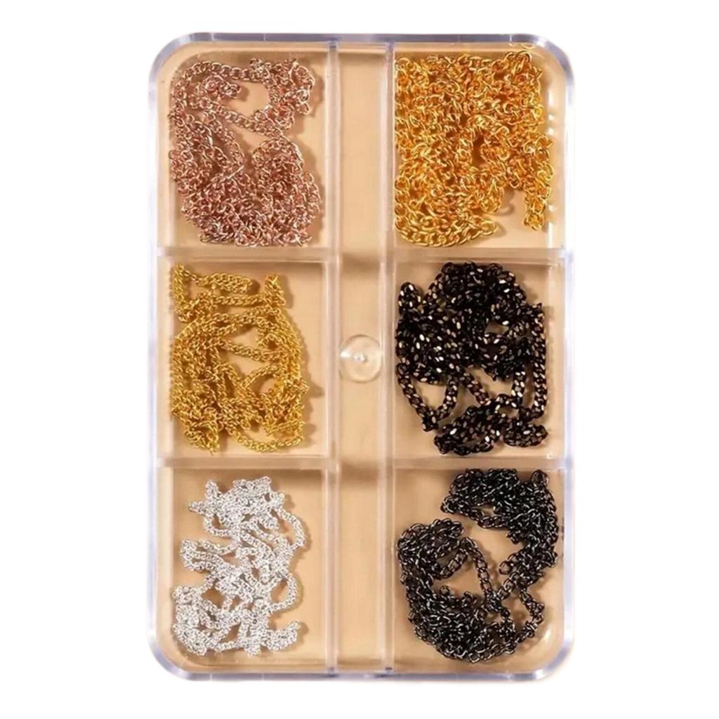 6 Grids Rock Style Nail Art Chains Mixed Metal Accents Classic Gothic DIY Nail Jewelry Accessories