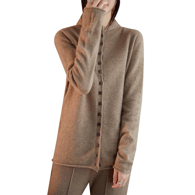 Women's 100% Wool Stand Collar Seamless Cardigan - Loose Knit Long Sleeve Cashmere Coat for Autumn/Winter