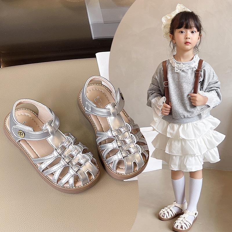 Girls princess sandals 2025 new summer children's toe shoes fashion woven Roman sandals girls beach shoes