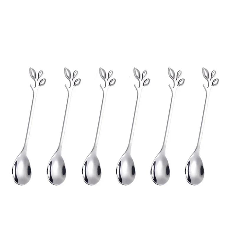 6PCS Creative Personality Stainless Steel Gold Spoons Tree Leaf Spoon Coffee Spoon Tea Spoon Home Restaurant Dessert Cutlery Set