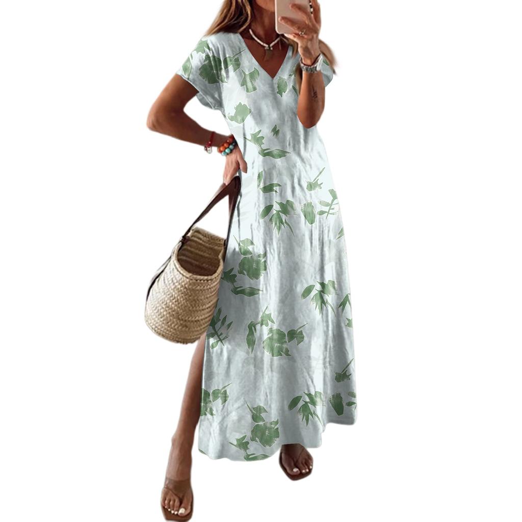 Women Summer Floral Dress Short Sleeve Beach Dress With Pockets Casual V-Neck Split Long T-Shirt Dress Travel Vacation
