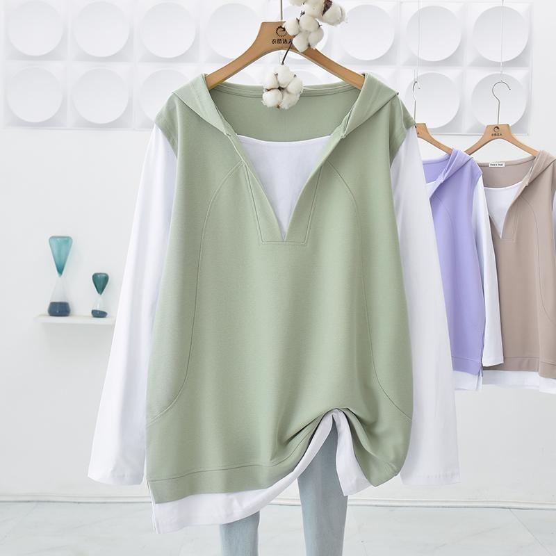 Nuova Felpa con Cappuccio Patchwork Oversize Larga a Manica Lunga Casual di Media Lunghezza Finta Due Pezzi per Donna - Primavera e Autunno