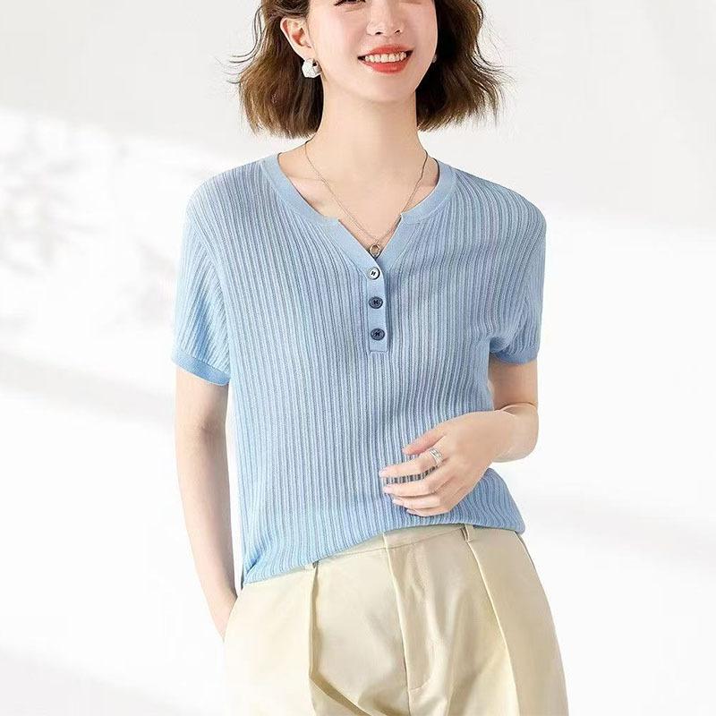 V-neck White Ice Silk Sweater T-shirt for Women Summer New Half-sleeved Slim-fit Top with Front Shoulders and Vests