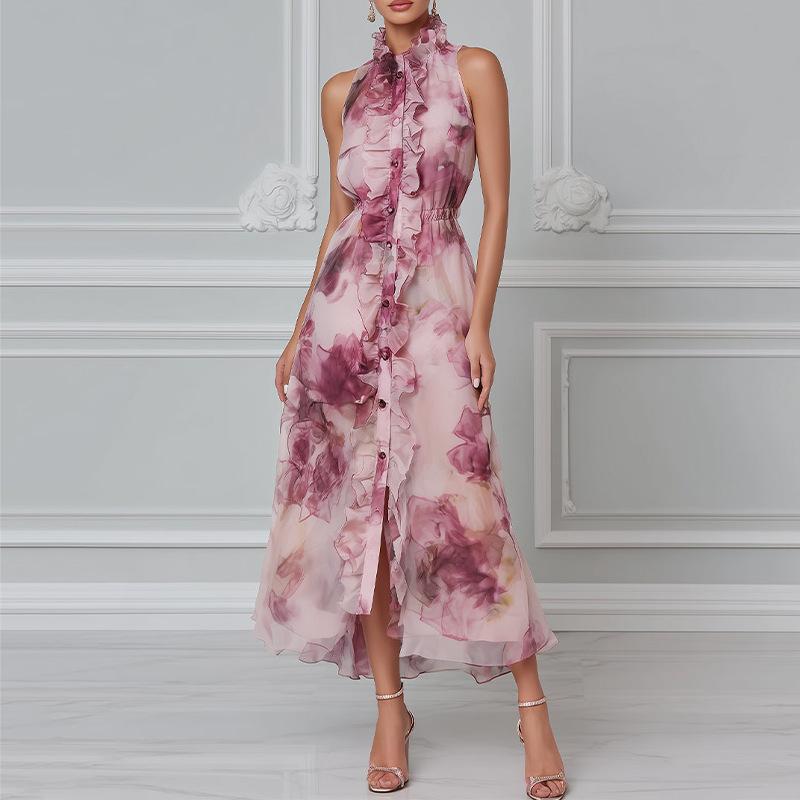 Spring new, fashionable and elegant printed wooden ear edge sleeveless dress S