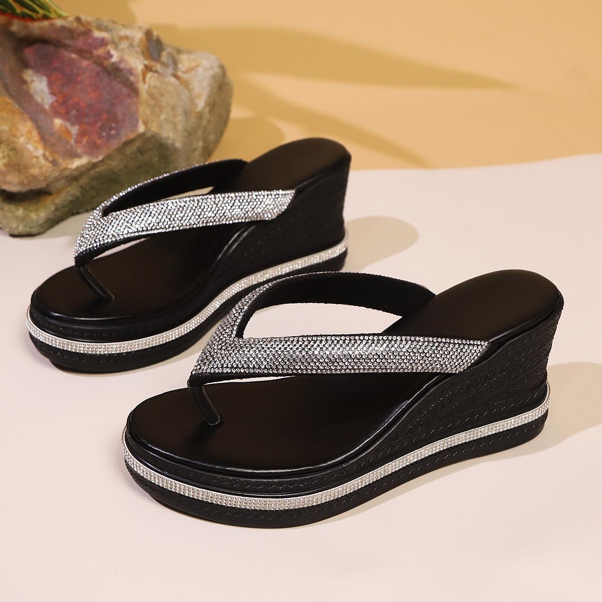 

Fashion Women Wedges Flip Flops Summer Platform Shoes Indoor Street Bling Slippers Round Toe Mid-Heel Slip On Female Leisure Sandals 36 чёрный