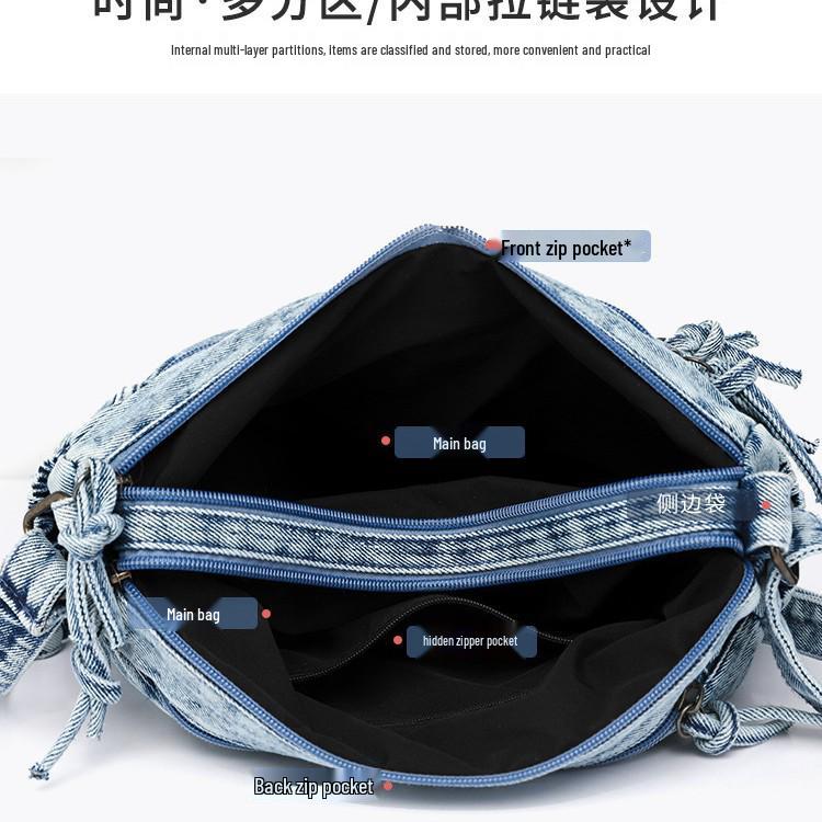 Women's Retro Washed Denim Multi-Pocket Crossbody and Backpack - Casual Niche Design