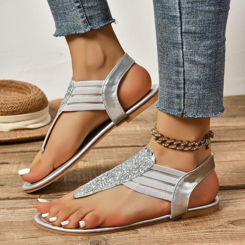 Women's New Summer Flat Sandals Large Size One-Line Sandals with Diamond Clip Toes
