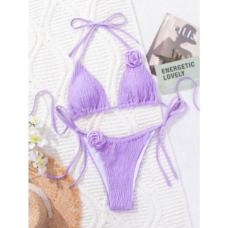 2 Piece Women 3D Rose Flower Bikini Set Smocked Textured Triangle Halter Tie Side Solid Color Sexy Push Up Beach Vacation Bathing Suit