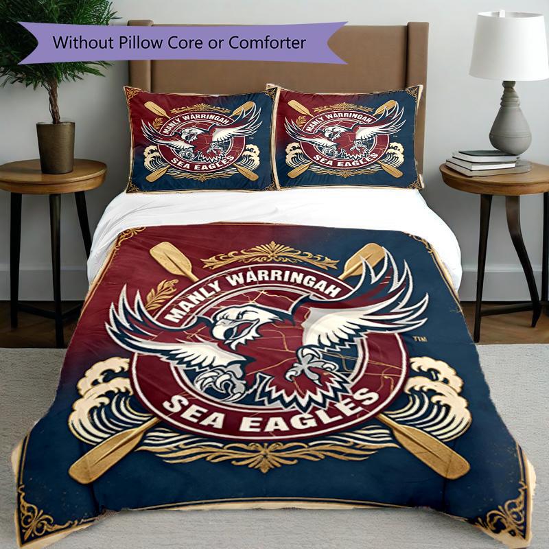 3pcs Duvet Cover Set (1*Duvet Cover + 2*Pillowcase, Without Core), Manly Warringah Sea Eagles Print Bedding Set, Bedroom Decor, All‑Season, Birthday G
