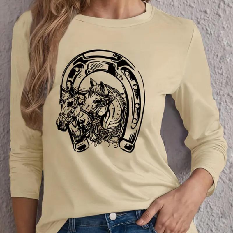 

Топы для женщин с принтом животных и лошадей, круглый вырез, длинный рукав, футболка, осенний повседневный тонкий пуловер, женский топ с длинным рукавом 8XL бежевый