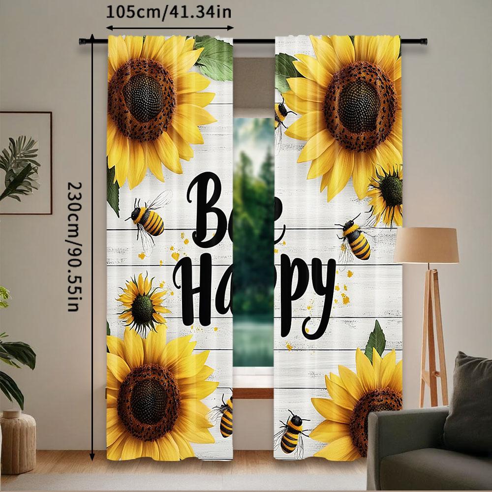 2Pcs Bee Happy Curtain Honeybee Sunflower Sunny Floral Garden Plant Leaves Suitable For Bedroom Bathroom Living Room Dining Room