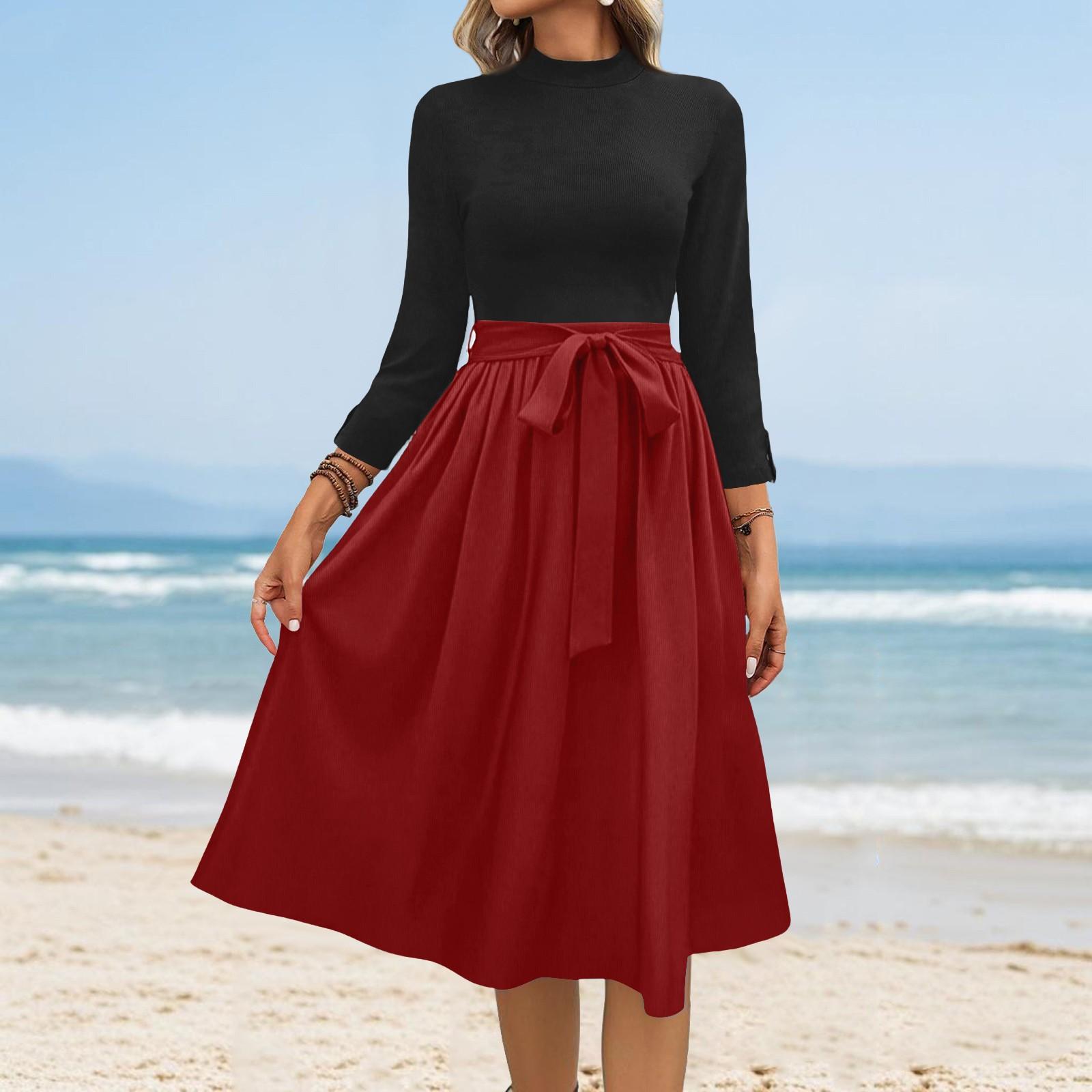

Women s Fashion Casual Belt Seven Sleeve Round Neck Solid Color Temperament Dresses XL червоний