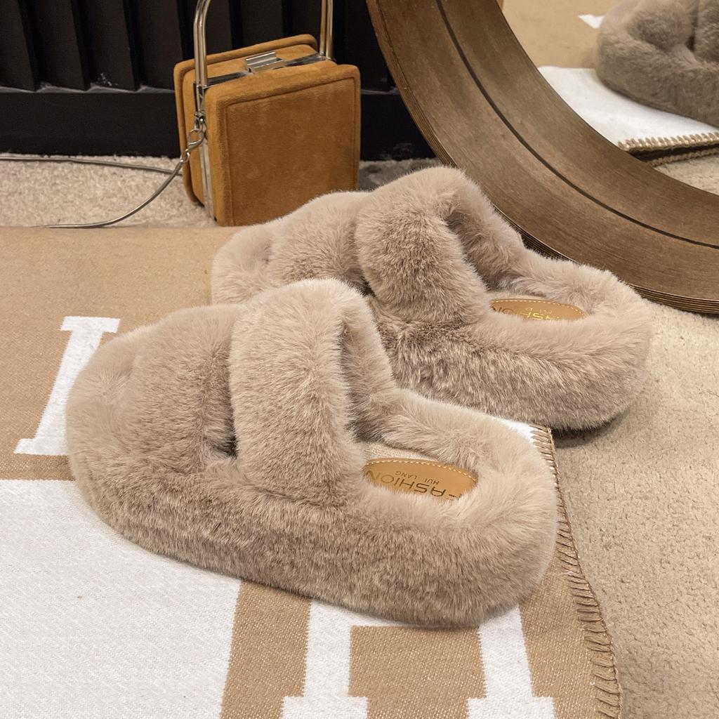 2024 autumn and winter new fluffy slippers women wear large size thick bottom plush office home versatile cotton slippers women
