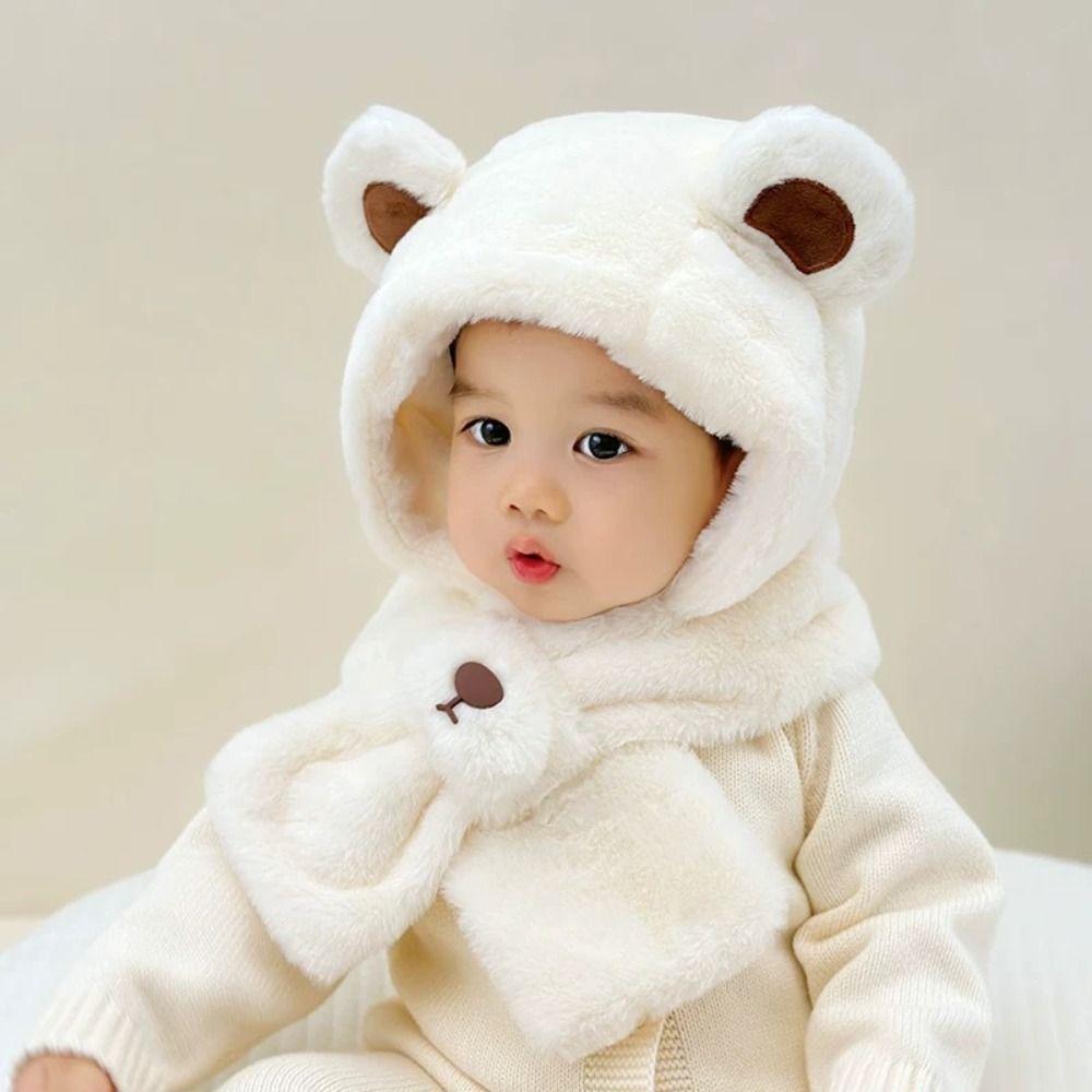 Solid Color Children Fleece Hat Fashion Design Plush Hat with Scarf Outdoor Bear Plush Hat  Kid
