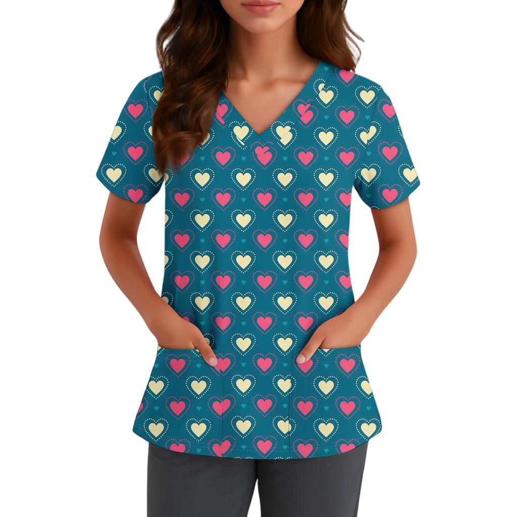 Damen Niedlich Schleife Bedruckt Arbeitskleidung V-Ausschnitt Doppellagig Taschen Basic Kurzarm Oberteil Pullover