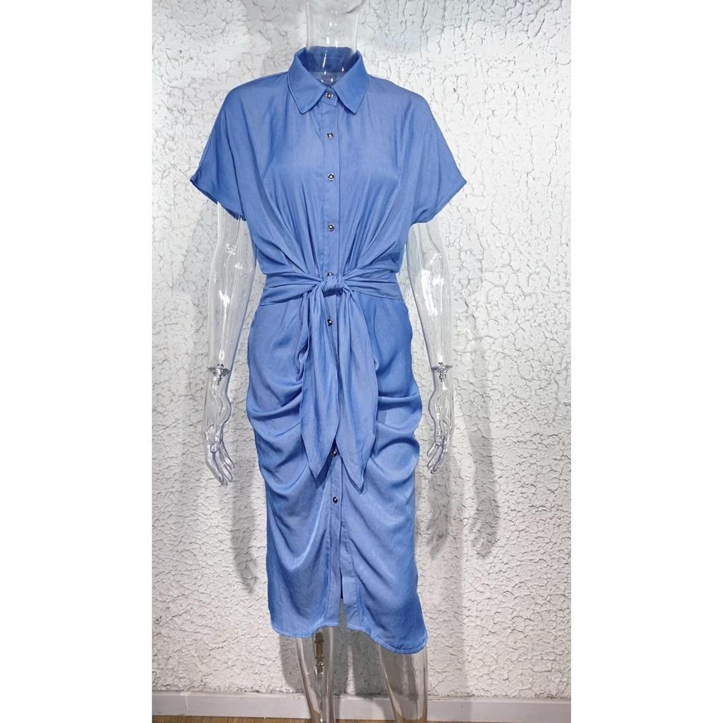 Washed Denim Midi Dress: Shirt Collar Tie-Waist Pleated Side Slit Slim Fit Sexy Casual Dress for Women, Stretch Comfort Casual Chic Outfit