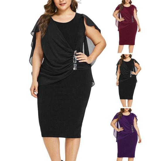 O-Neck Short Sleeve Chiffon Shawl Pleated Decor Women Dress Solid Color Plus