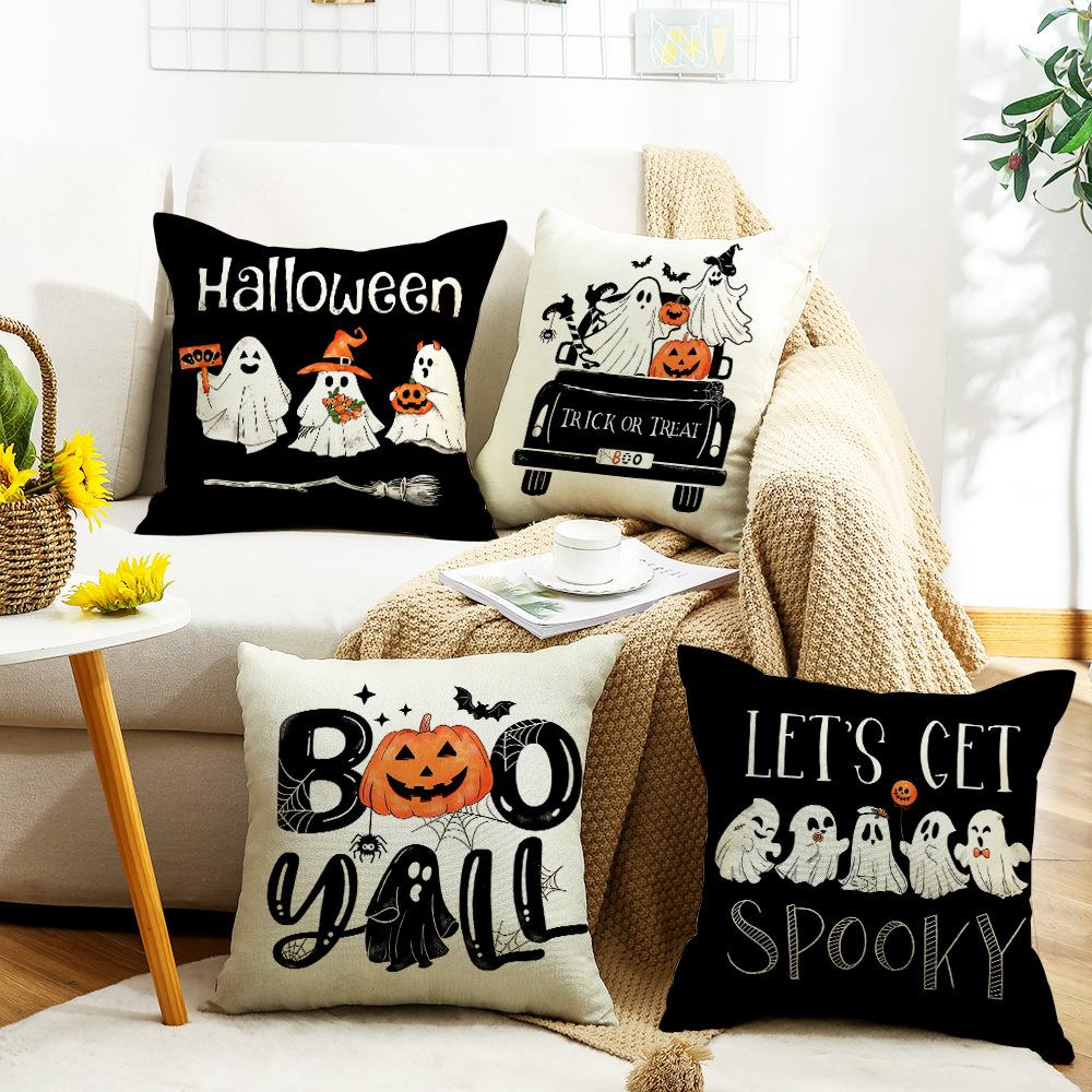 New Halloween Pillow Cover with Cute Pumpkin Ghost Element Letters Digital Print Decorative Pillow Cover