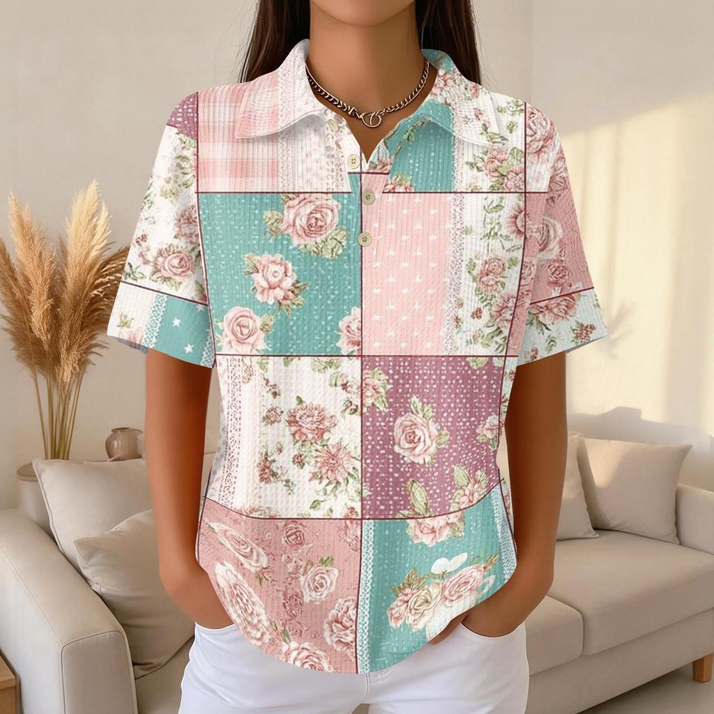 Damen Lässiges Kurzarm Waffelstrick Poloshirt Knopfleiste Patchwork Blumenprint Leichtes Oberteil