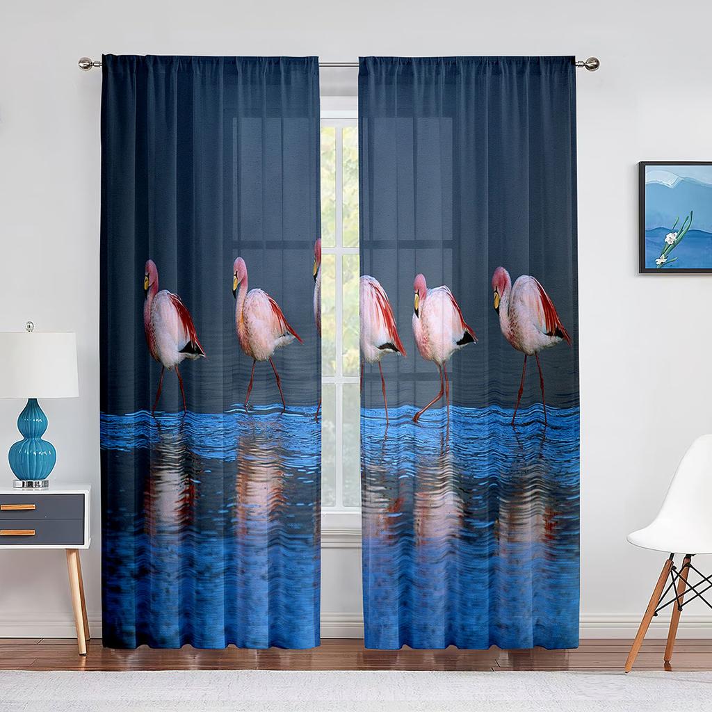 Rote Flamingos Kirschblüten Mond Tüll Vorhänge für Wohnzimmer Schlafzimmer Dekor Chiffon Transparent Voile Vorhang Küchenfenster Vorhänge