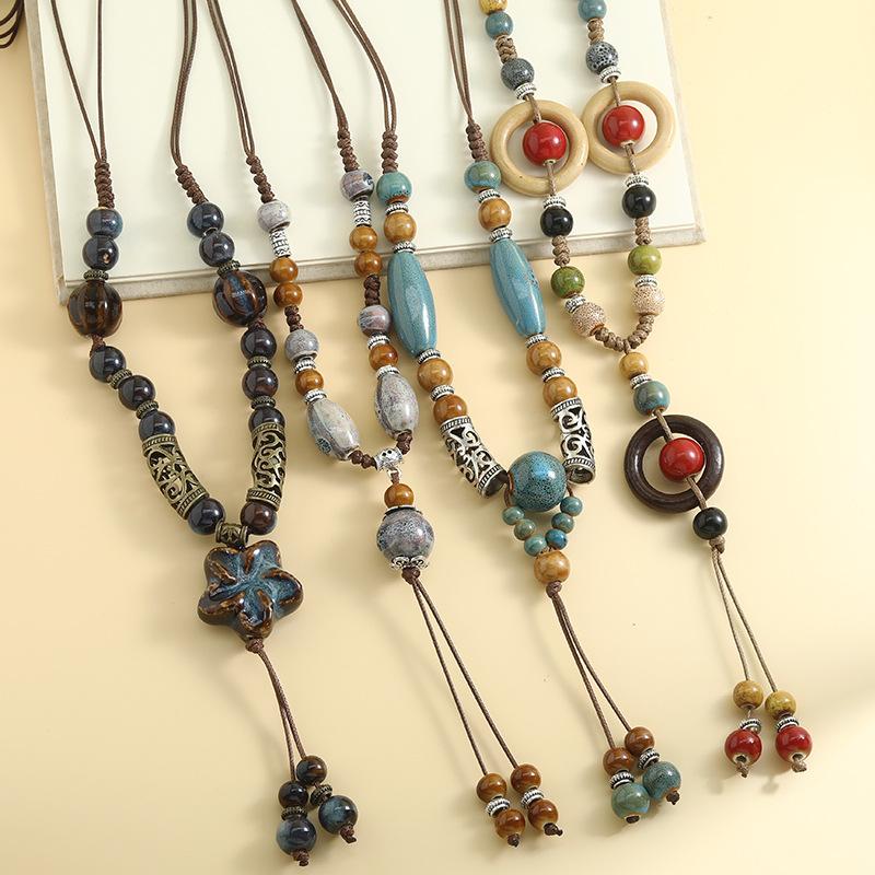 Retro-style National Tide Literary Ceramic Necklace Female Long Pendant Student Sweater Chain Simple Joker Clothing Accessories
