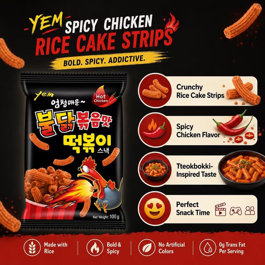 Snack YEM Tiras de Pastel de Arroz de Pollo Picante 100g | Rico sabor a pollo picante, textura crujiente inflada, forma de tira masticable